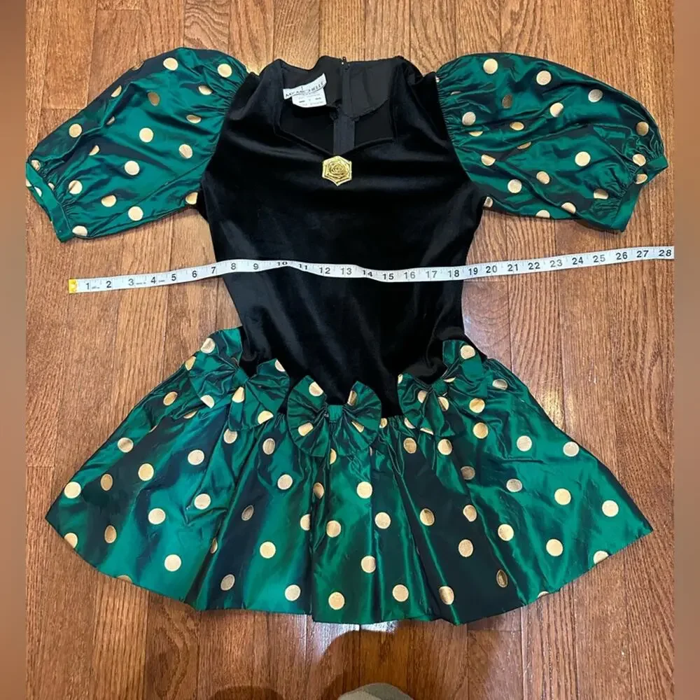 RARE Vintage My Michelle 80s Party Dress Girls 7 Gold Green Black Polka Dots